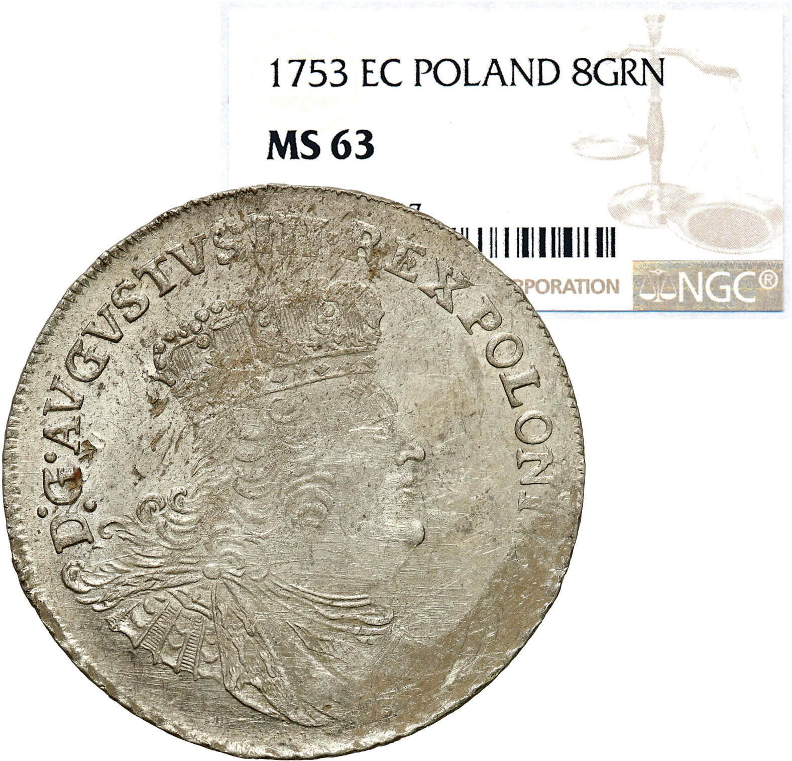 August III Sas. Dwuzłotówka (8 groszy) 1753 - litery EC - Lipsk NGC MS63 - WYŚMIENITA